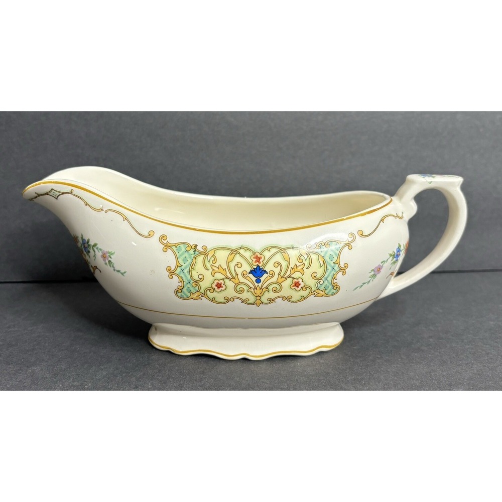 Canonsburg Pottery Keystone Gravy Boat Handled Floral Green Yellow Scroll READ